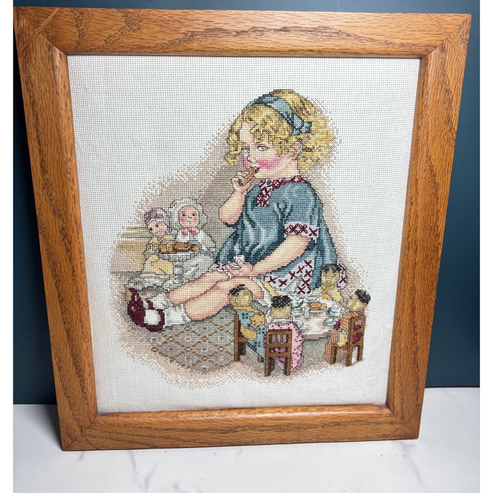 Vintage Framed Cross Stitch Art Girl Tea Party with Dolls Oak Wood Frame